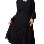 CLK Damen A-Linie Faltenrock Elegant Langarm V-Ausschnitt Cocktailkleid