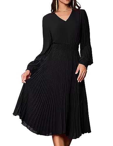 CLK Damen A-Linie Faltenrock Elegant Langarm V-Ausschnitt Cocktailkleid