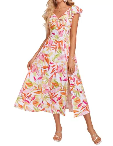 Damen Printkleid mit Rüschenärmeln und V-Ausschnitt für Strandurlaube