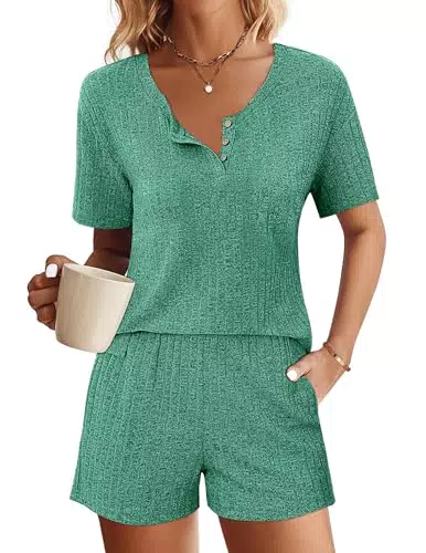 Ekouaer Kurz Schlafanzug Damen Set – Pyjamahose und Rundhals-Shirt Loungewear