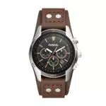 Fossil Herrenuhr Coachman, QuarzChronographenwerk, 44mm Silbernes Edelstahlgehäuse mit Echtlederarmband