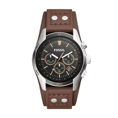 Fossil Herrenuhr Coachman, QuarzChronographenwerk, 44mm Silbernes Edelstahlgehäuse mit Echtlederarmband
