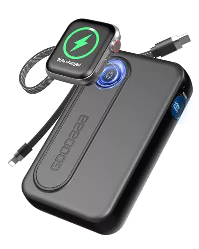 GOODaaa Wireless Power Bank 10000mAh mit integrierten Kabeln für Apple Watch & Smartphones