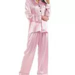 Ladieshow Damen Pyjama Set Langarm Satin-Seide Schlafanzug mit Knopfleiste