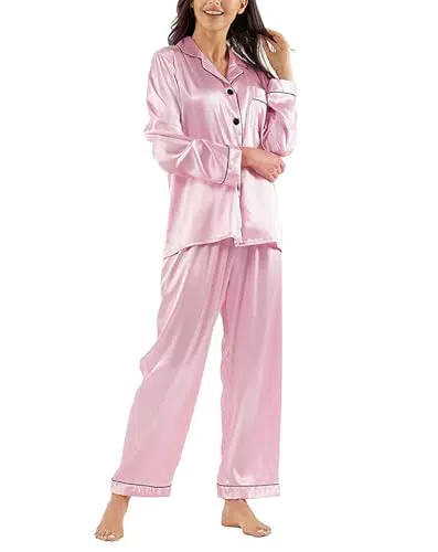 Ladieshow Damen Pyjama Set Langarm Satin-Seide Schlafanzug mit Knopfleiste
