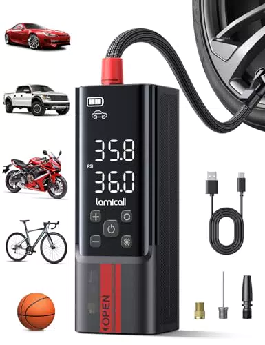 Lamicall Elektrische Luftpumpe - Tragbare Akku Fahrradpumpe mit Digital Manometer