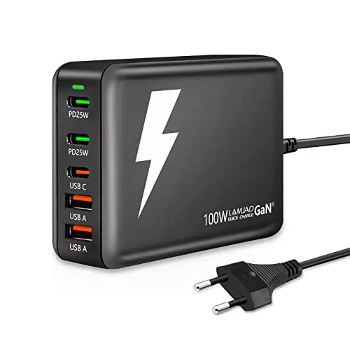 LAMJAD 100W USB C Ladegerät, 5 Port Schnellladegerät PD GaN III für iPhone und Galaxy