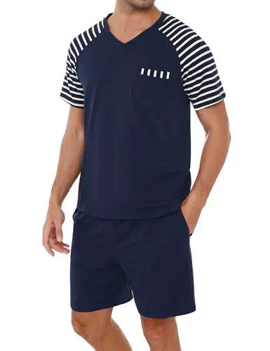 Litherday Herren Schlafanzug Kurzarm Pyjama Sommer Baumwolle mit Taschen