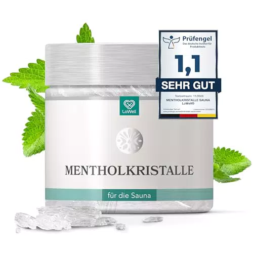 LoWell 200g Mentholkristalle aus 100% reiner Minze - Ideal als Sauna Aufgussmittel für die Sauna in wiederverschließbarer Dose - Menthol