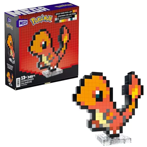 Pokémon Glumanda - Retro Figur im Pixel Art Design mit Wandmontage-Basis