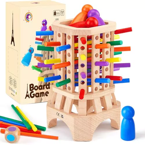 Montessori Eiffelturm Brettspiel aus Holz - Familienspiel für Kinder ab 3 Jahren