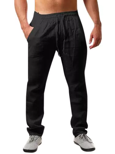 Runcati Herren Leinenhose Lang Sommerhose Loose Fit mit Kordelzug für Freizeit