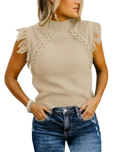 Saodimallsu Damen Ärmellose Pullover Weste Mock Neck Tank Tops Summer Strickpullover Kappe Ärmel Knitted Boho Trendy Pullover Kahki X
