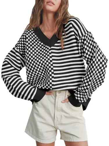 Saodimallsu Damen Oversize Strickpullover V-Ausschnitt Gestreift Karo Herbst Winter
