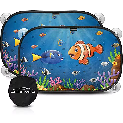 CARAMAZ Sonnenschutz Auto Baby mit UV Schutz 48x30cm - 2 Stück mit Saugnäpfen - Sonnenblende Kinder - Fenster Motiv: Blau-Tiere