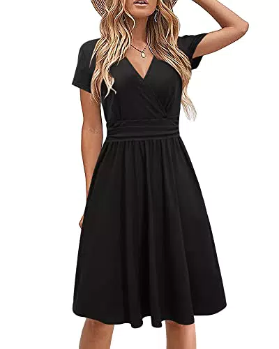 STYLEWORD Damen Sommerkleid Kurzarm V-Ausschnitt mit Blumenmuster und Taschen