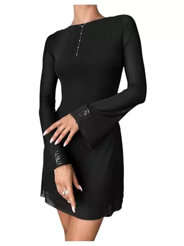 SweatyRocks Damen A-Linien Minikleid mit Mesh und ausgestellten Ärmeln