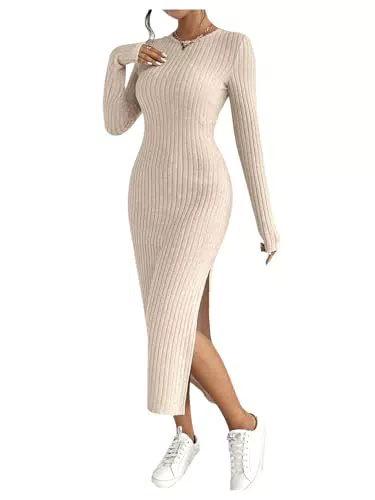 SweatyRocks Damen Strickkleid Midikleid mit Schlitz und Langarm – Elegantes Design