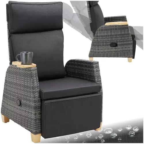 tectake® Rattan Hochlehner Relaxsessel mit Fußstütze für Garten und Balkon