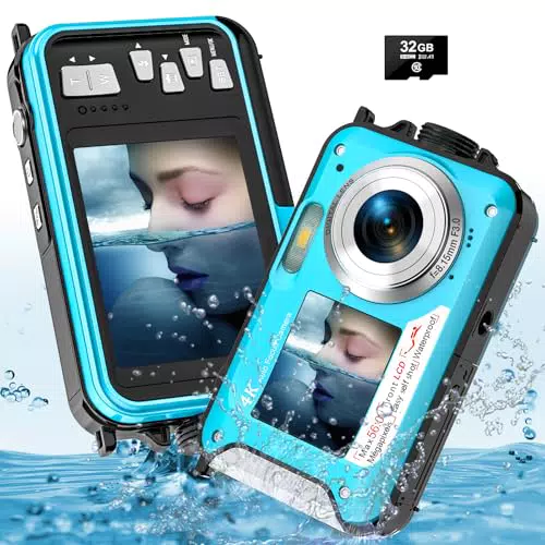 YISENCE Unterwasserkamera UHD 4K 56MP mit 32GB Karte und Doppelbildschirm