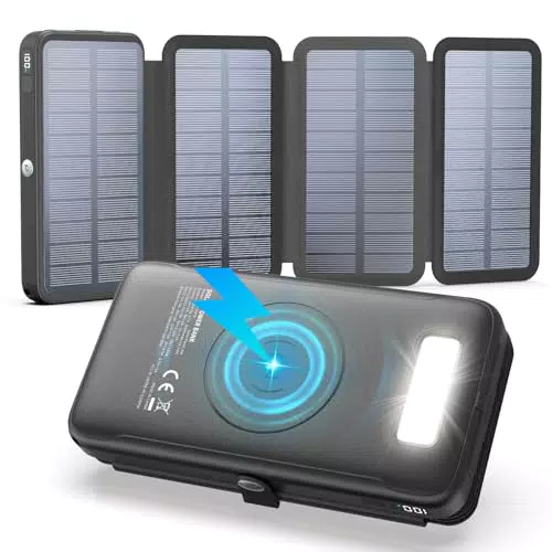 FEELLE Wireless Solar Powerbank 27000mAh mit 22,5W Schnellladung und 4 Solarpanel