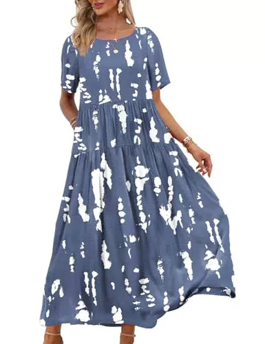 YESNO Damen Sommerkleid Boho Maxikleid Rundhals Strandkleid