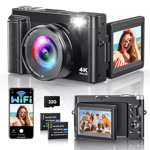 DIGICAM 4K 64MP Digitalkamera mit WLAN, 16X Zoom und 180° Flip Screen für Vlogging