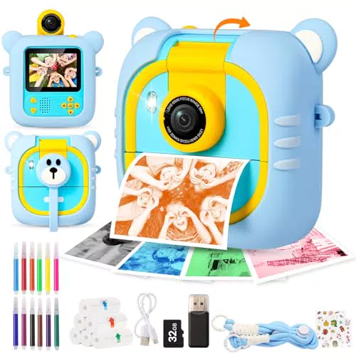 ARNSSIEN Sofortbildkamera Kinder mit 1080P, 180° Klappobjektiv, 32GB Speicher