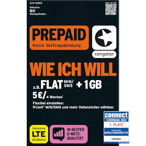 congstar Prepaid ALLNET M SIM-Karte ohne Vertrag I Allrounder Prepaid-Paket in D-Netz-Qualität I 15 GB + 10€ Startguthaben I Telefonie & SMS Flat in alle dt. Netze I EU-Roaming inkl