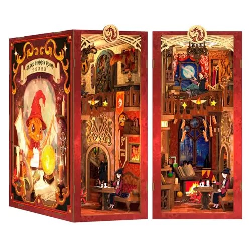 Cutefun Book Nook Kit - Puppenhaus Kitaus Holz, DIY Miniatur Puppenhaus Bücherecke Bibliothek Häuser Modellbausätze mit LED Leuchten Bücherregal Dekor