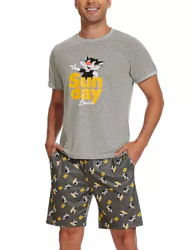 Demegimi Herren Schlafanzug Kurz Pyjama mit Pinguin-Druck Design für den Sommer