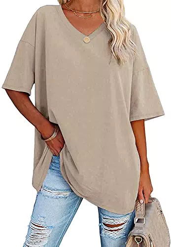 Ebifin Damen Oversize T-Shirt mit V-Ausschnitt - Kurzärmliges Casual Tee