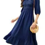 KOJOOIN Damen Kleid Casual 3/4 Ärmel Swing Midikleid A-Linie Freizeitkleid