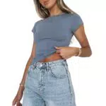 OOHOKAY Damen T-Shirt Klassischer Schnitt Slim Fit Kurzarm Crop Top Y2K