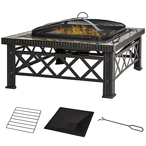 Outsunny 3-in-1 Feuerschale mit Funkenschutz, Grillrost und Eiskübel für Garten BBQ