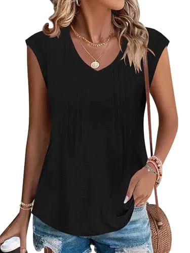 PLOKNRD Sommer Damen V-Ausschnitt T-Shirt Kurzarm mit Plissee für Freizeit