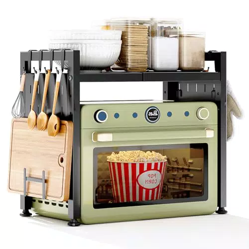 SAYZH Mikrowellenregal Organizer, erweiterbares Küchenregal mit 10 Haken