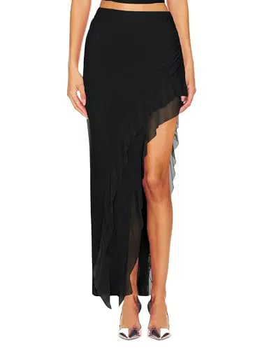 SEBOWEL Asymmetrischer Maxirock mit Rüschen für Damen – Elegant für Festivals und Partys