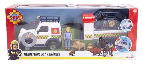 Simba Feuerwehrmann Sam Tierrettungsfahrzeug mit Anhänger und Figur