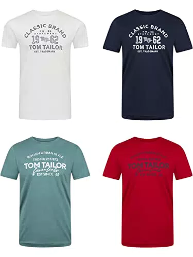 TOM TAILOR Tshirt Herren Baumwolle Regular Fit 4er Pack Set Rundhals Kurzarm Sommer Tee Shirt Logoprint 100% Baumwolle