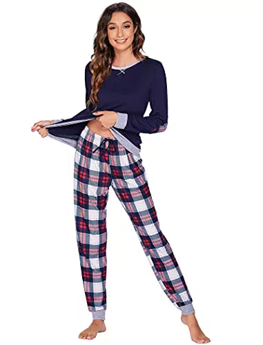UNibelle Damen Schlafanzug Lang Kariert Pyjama Set mit Taschen für Winter