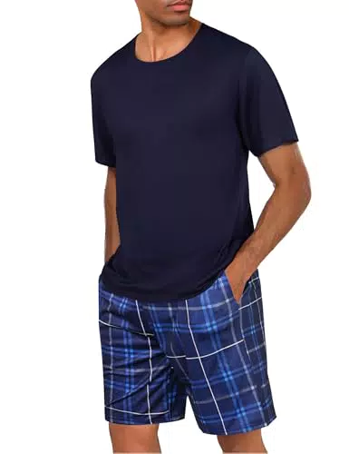 Uniexcosm Herren Schlafanzug aus Baumwolle, Kurzarm Pyjama Set, Karierte Hose