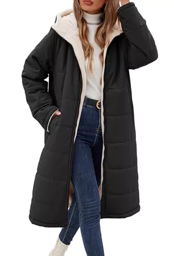 Vancavoo Damen Wintermantel Lang Warm Gefüttert Steppjacke mit Kapuze