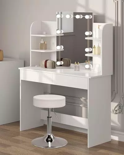 WOLTU Schminktisch mit Beleuchtung und Spiegel, höhenverstellbarer Hocker, 2 Schubladen