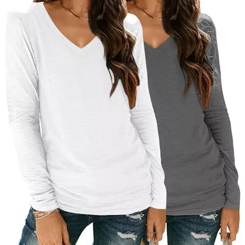 YGOODM Damen Basic T-Shirt Langarm V-Ausschnitt Casual Modeoberteile