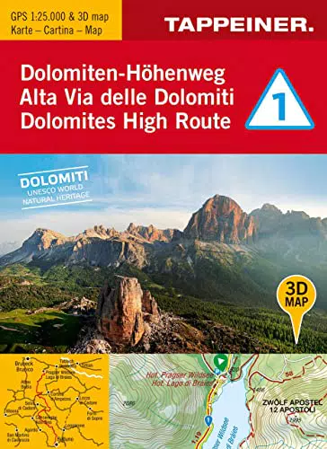3D-Wanderkarte Dolomiten - Höhenweg 1: Topografische Karte der Alta Via delle Dolomiti