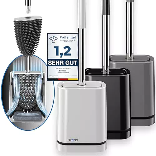 BROSS Klobürste Silikon - Patentierte Toilettenbürste - Klobürste Schwarz - WC Bürste & Klobürstenhalter mit Wandmontage & TurboTrocknung - Innovativ & Antibakteriell