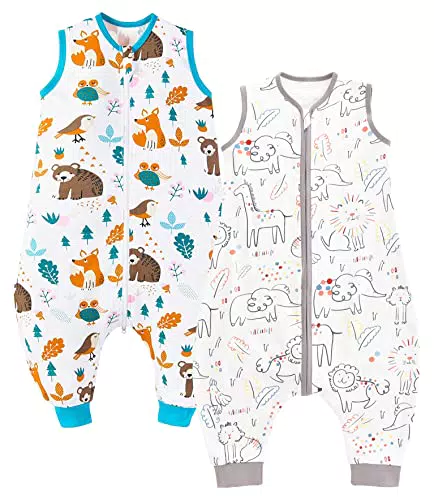 Chilsuessy Baby Schlafsack Sommer mit Füßen 0.5 Tog 100% Baumwolle - Kinder Sommerschlafsack für Jungen und Mädchen - Glück Tiere+Waldtiere
