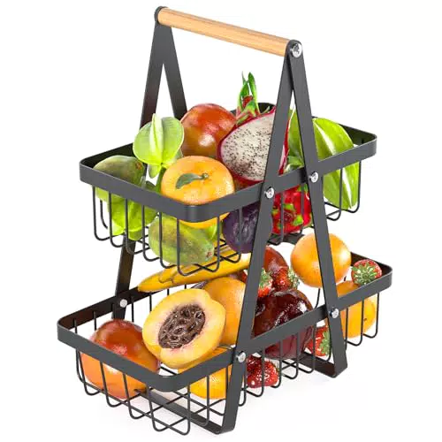 Cisivis Obstkorb Etagere aus Metall mit Holzgriff für frisches Obst und Snacks
