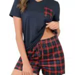 Crewhpo Damen Schlafanzug Sommer Baumwolle V-Ausschnitt Karierter Pyjama